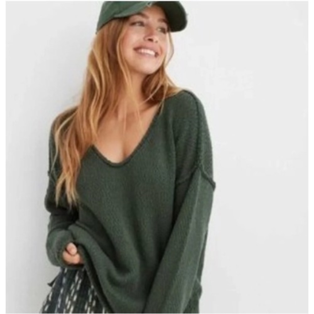 Aerie Women Small Green Textured Knit Sweater High Low Hem Oversized Pullover